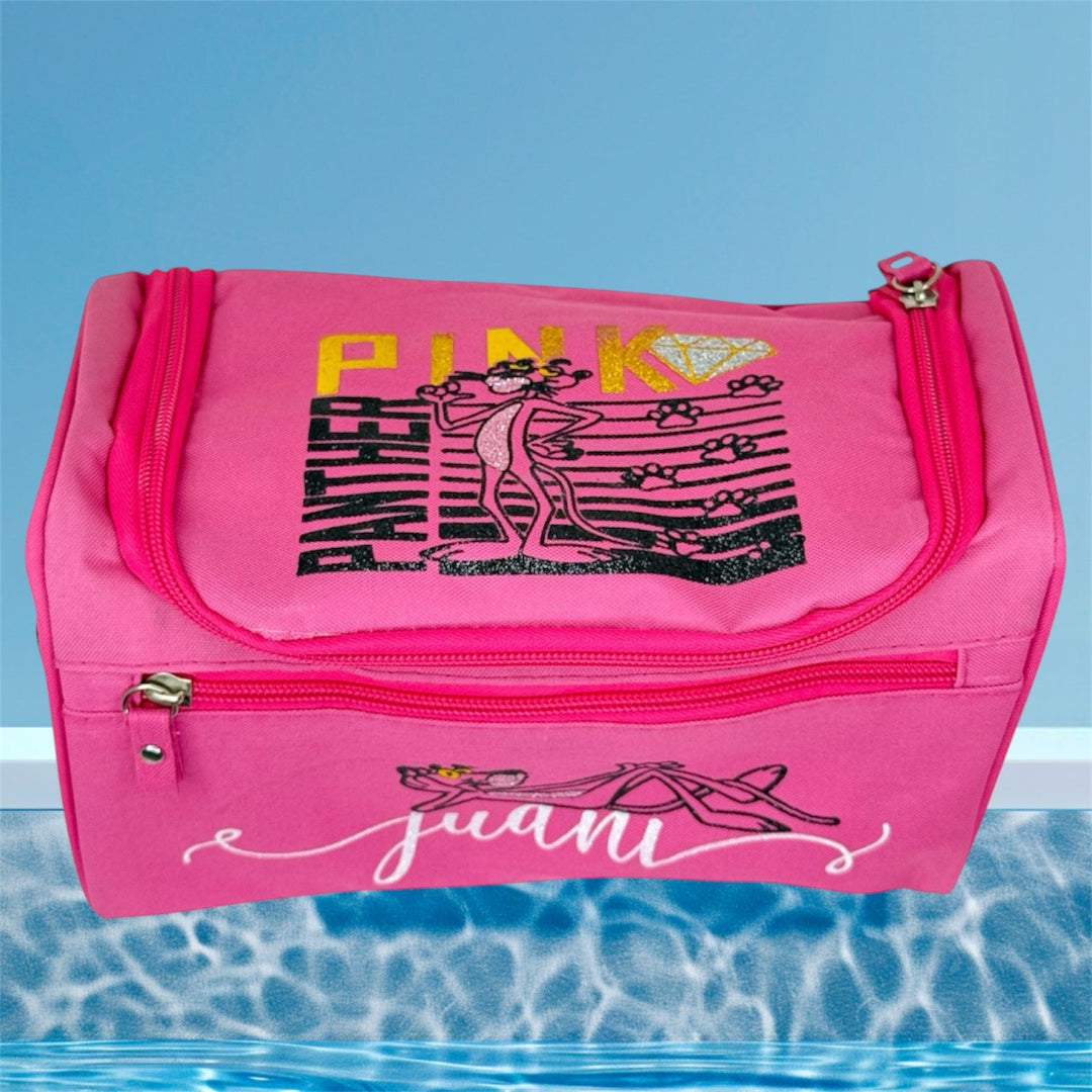 Neceser personalizado fucsia con Pantera Rosa y nombre Juani – Regalo original e impermeable
