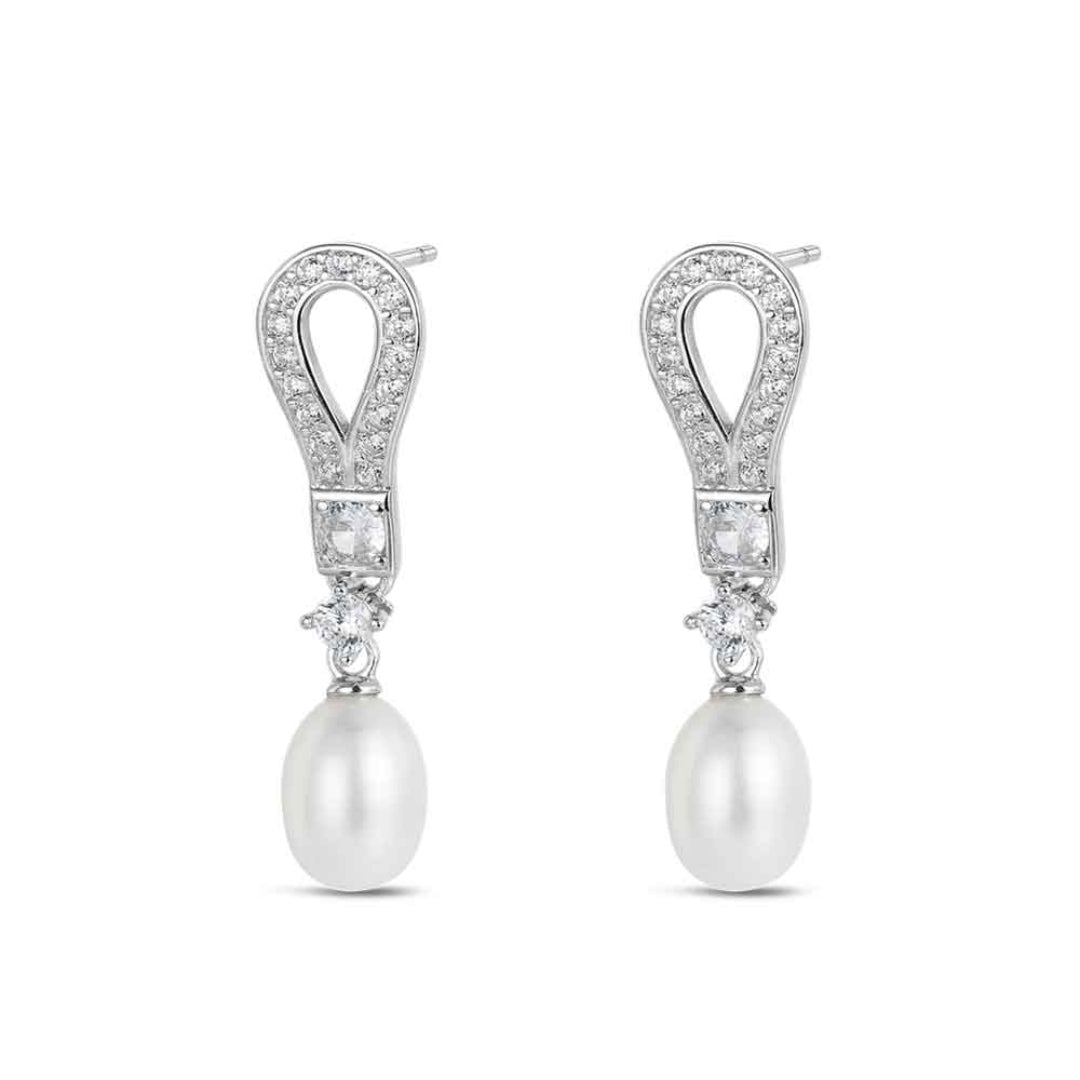 Pendientes de plata con perla natural colgante y circonitas
