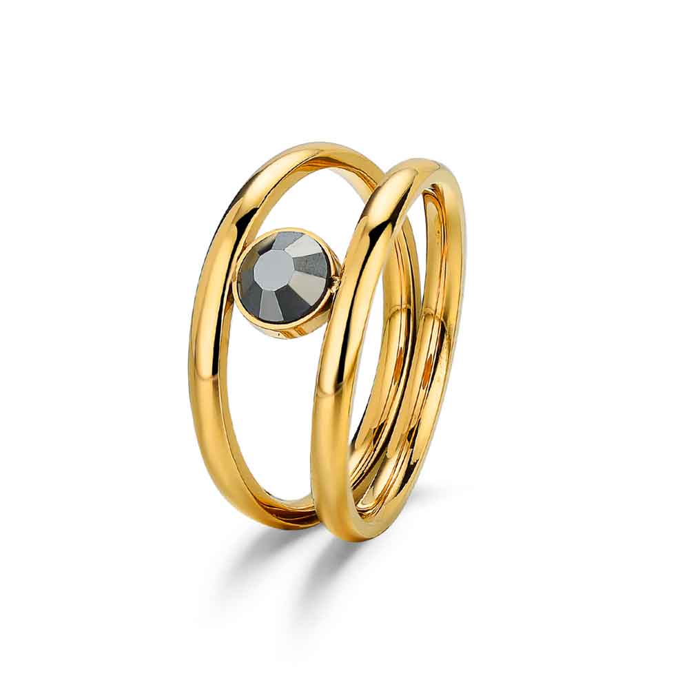 🔹 Anillo Doble Aro con Cristal Hematite en Acero 316 Chapado en Oro 18K - Waterproof | ROCÍO MARTÍN