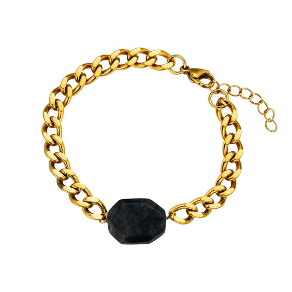 Pulsera de Acero Oro 18K con Labradorita - Elegancia en Diseño Barbado