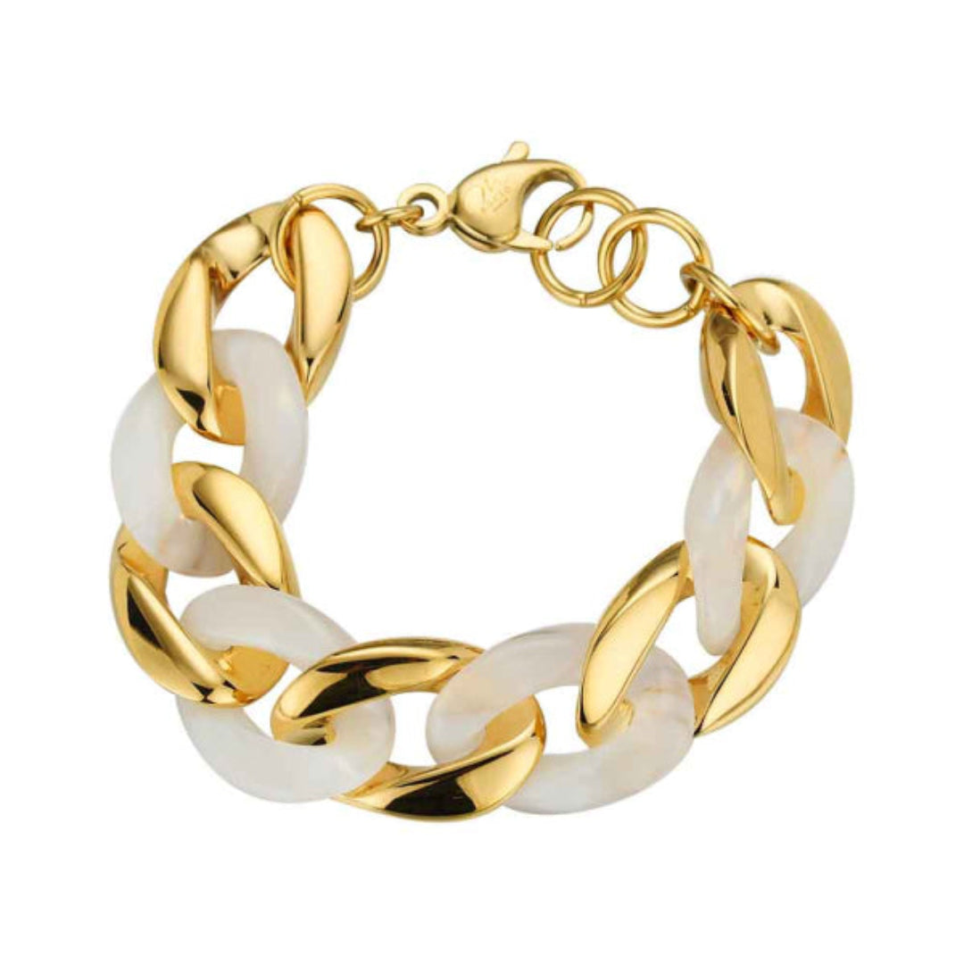 Pulsera de Acero Chapado Oro 18K - Eslabones Barbados Blanco y Dorado