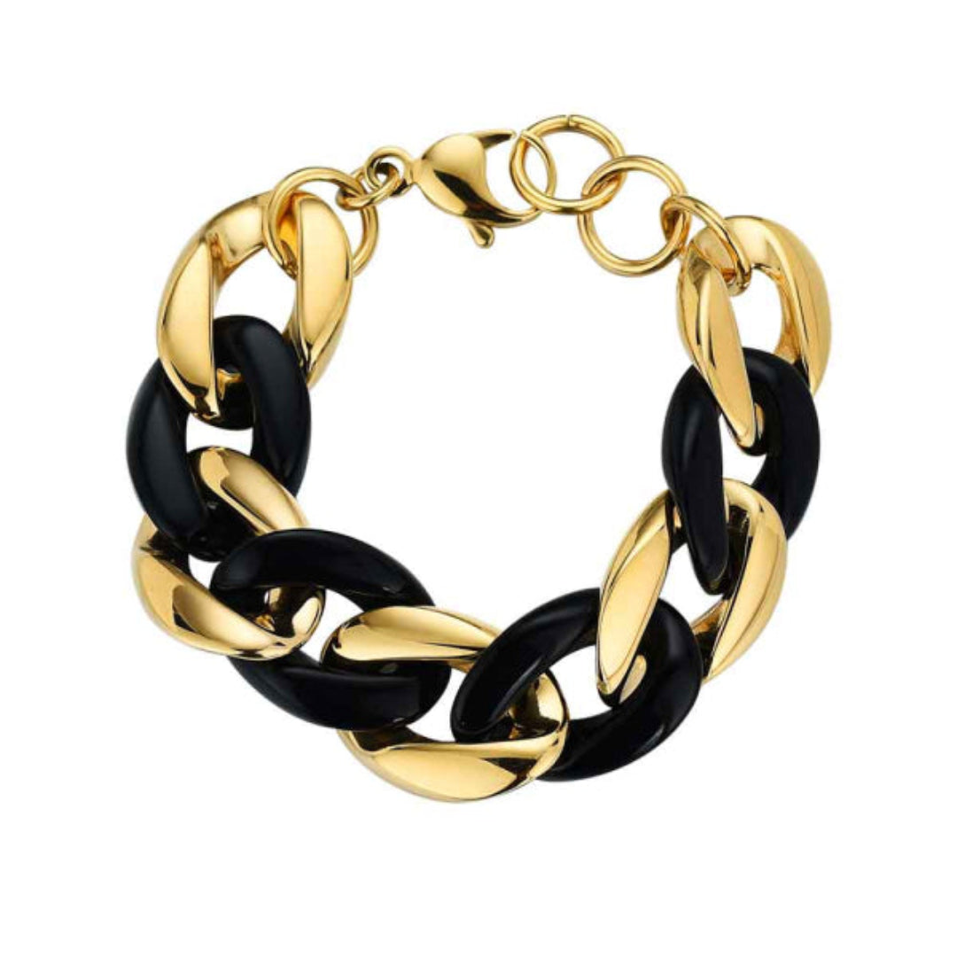 Pulsera de Acero Chapado Oro 18K - Eslabones Barbados Negro y Dorado