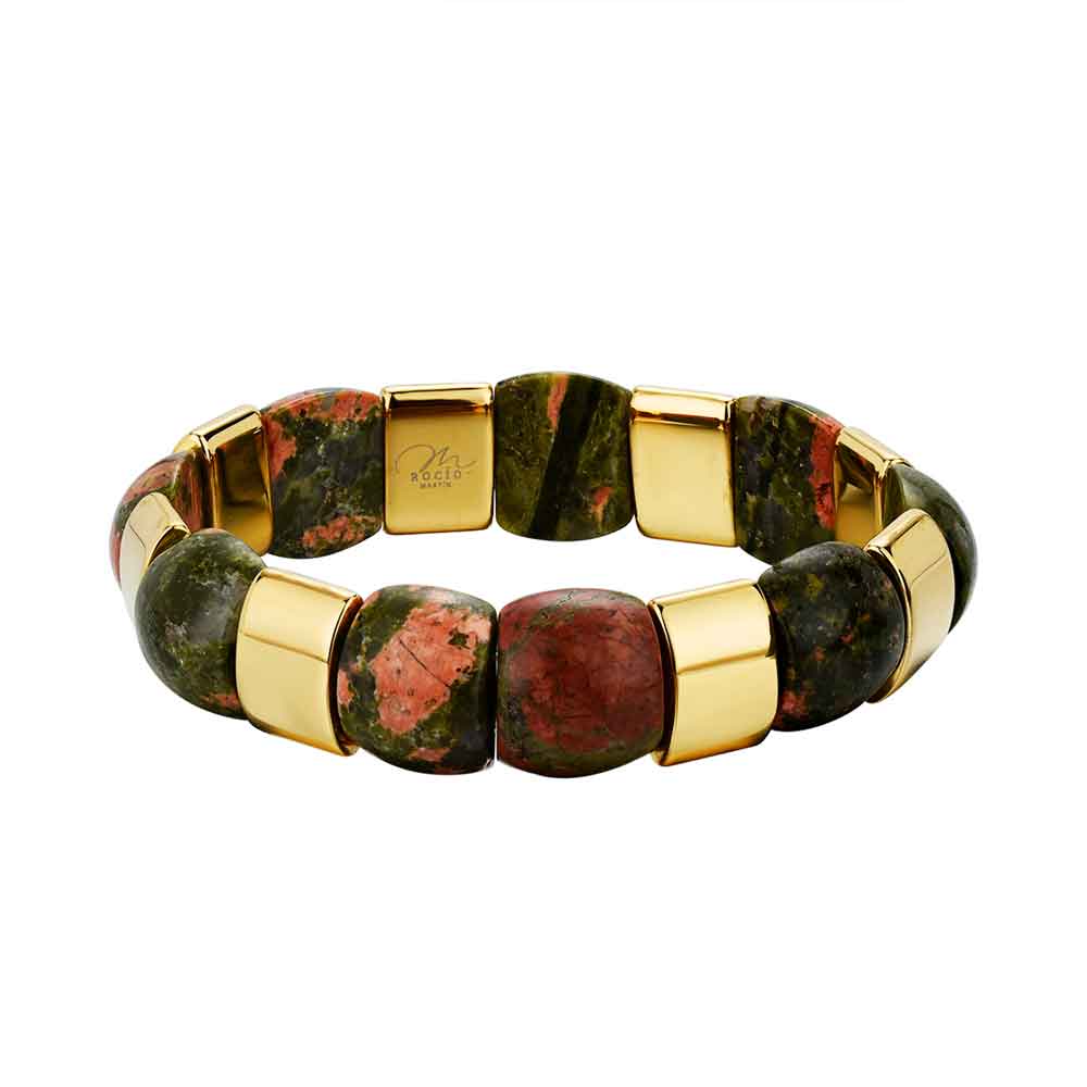 Pulsera de Acero Chapado con Unakita – Piedra de Equilibrio y Renovación – Sofisticación y Versatilidad