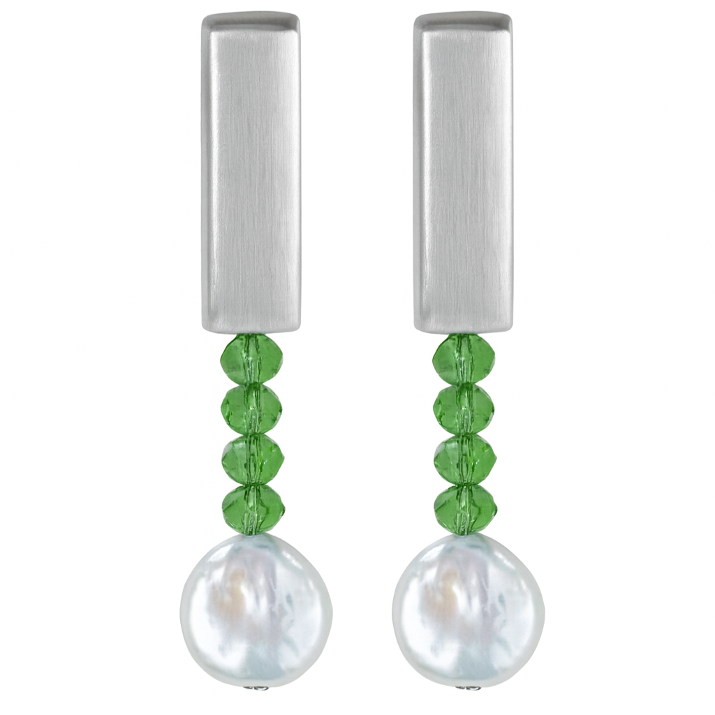 Pendientes Boreal con perla natural y cristal verde en acero dorado Sfinge