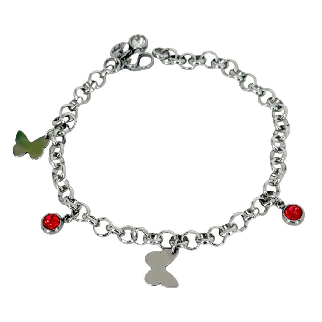 Pulsera de acero con dijes de mariposa y circonitas rojas personalizable