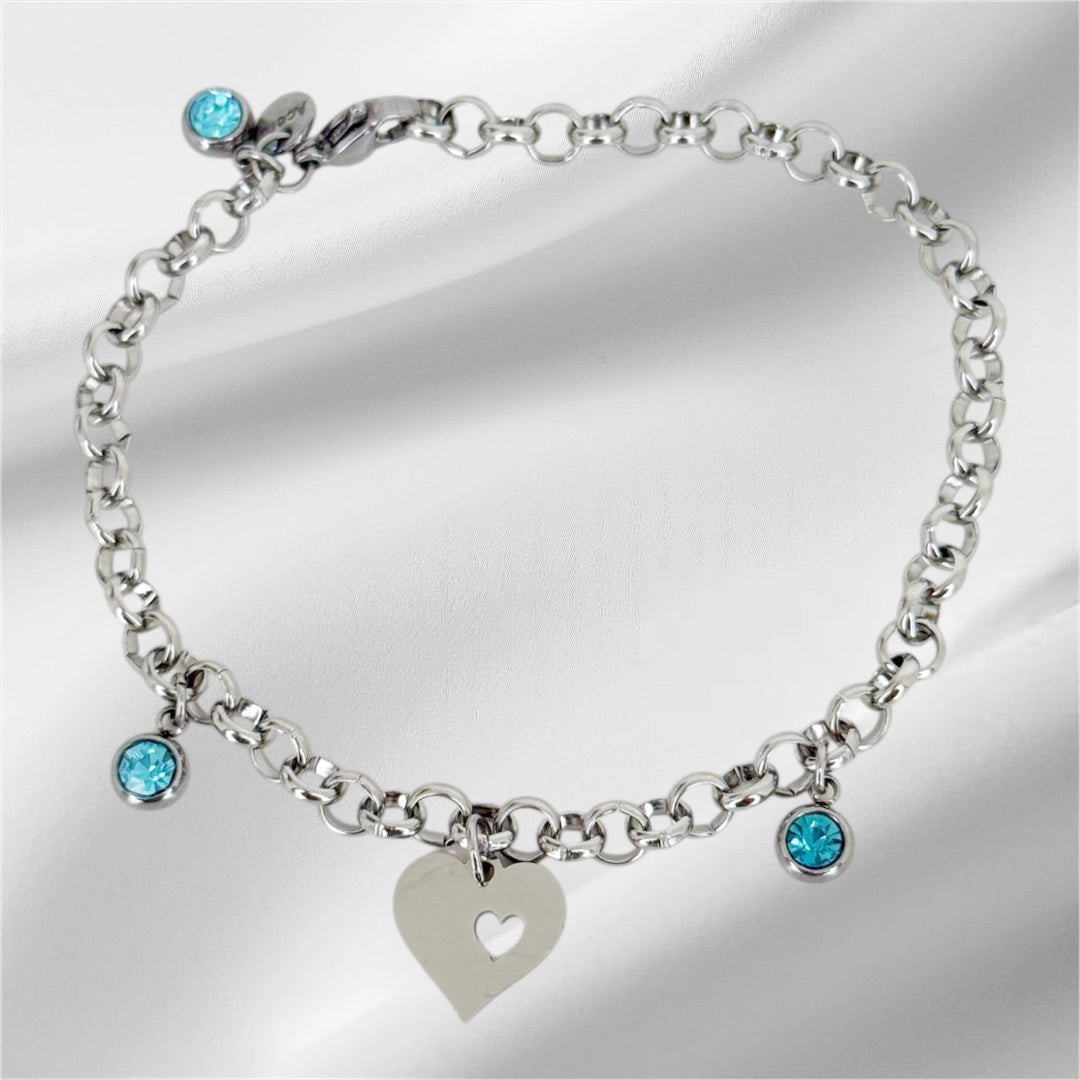 Pulsera de acero con piedras azules y corazón calado personalizable