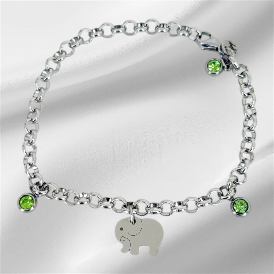 Pulsera de acero con charm de elefante y piedras verdes personalizable – Sfinge Joyas