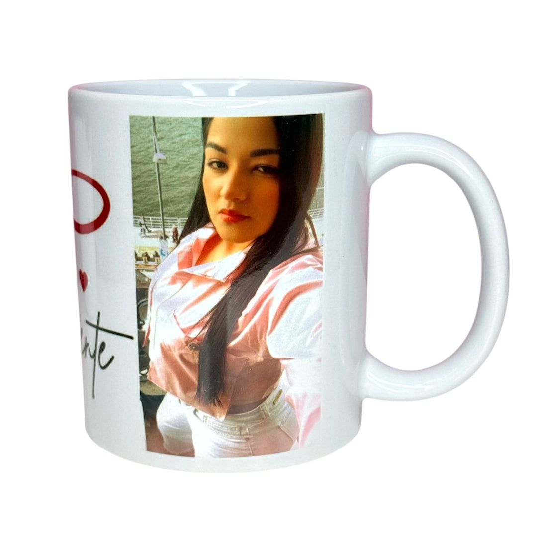 taza con foto de mujer personalizada y mensaje de amor
