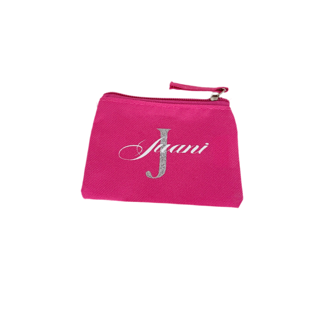 Monedero personalizado en tela con nombre e inicial con efecto brillante, color fucsia
