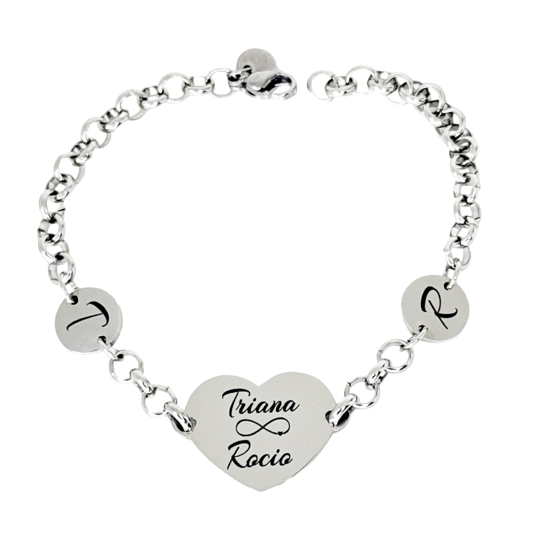 Pulsera de acero personalizada con corazón y nombres grabados Sfinge Joyas
