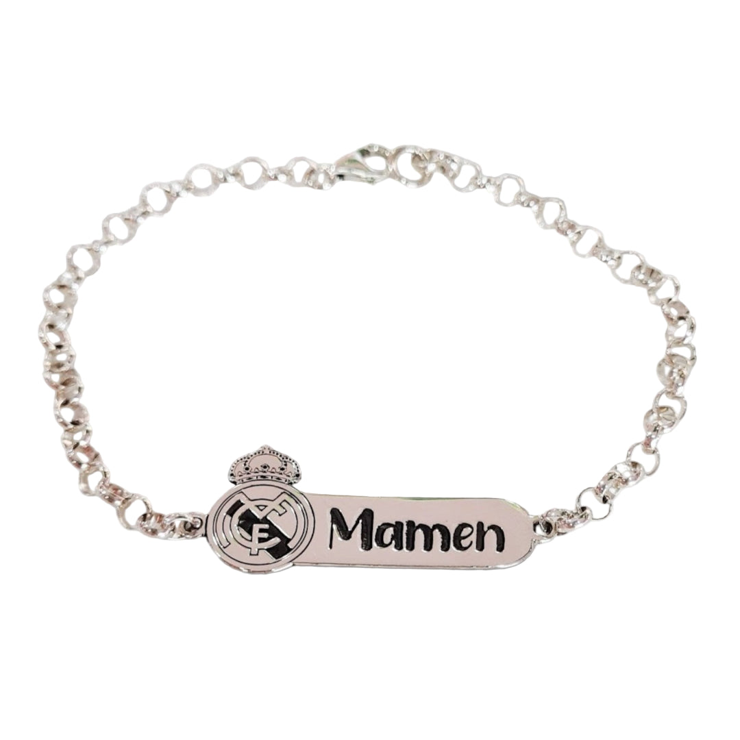 Pulsera Real Madrid personalizada en plata 925 con grabado de nombre y mensaje