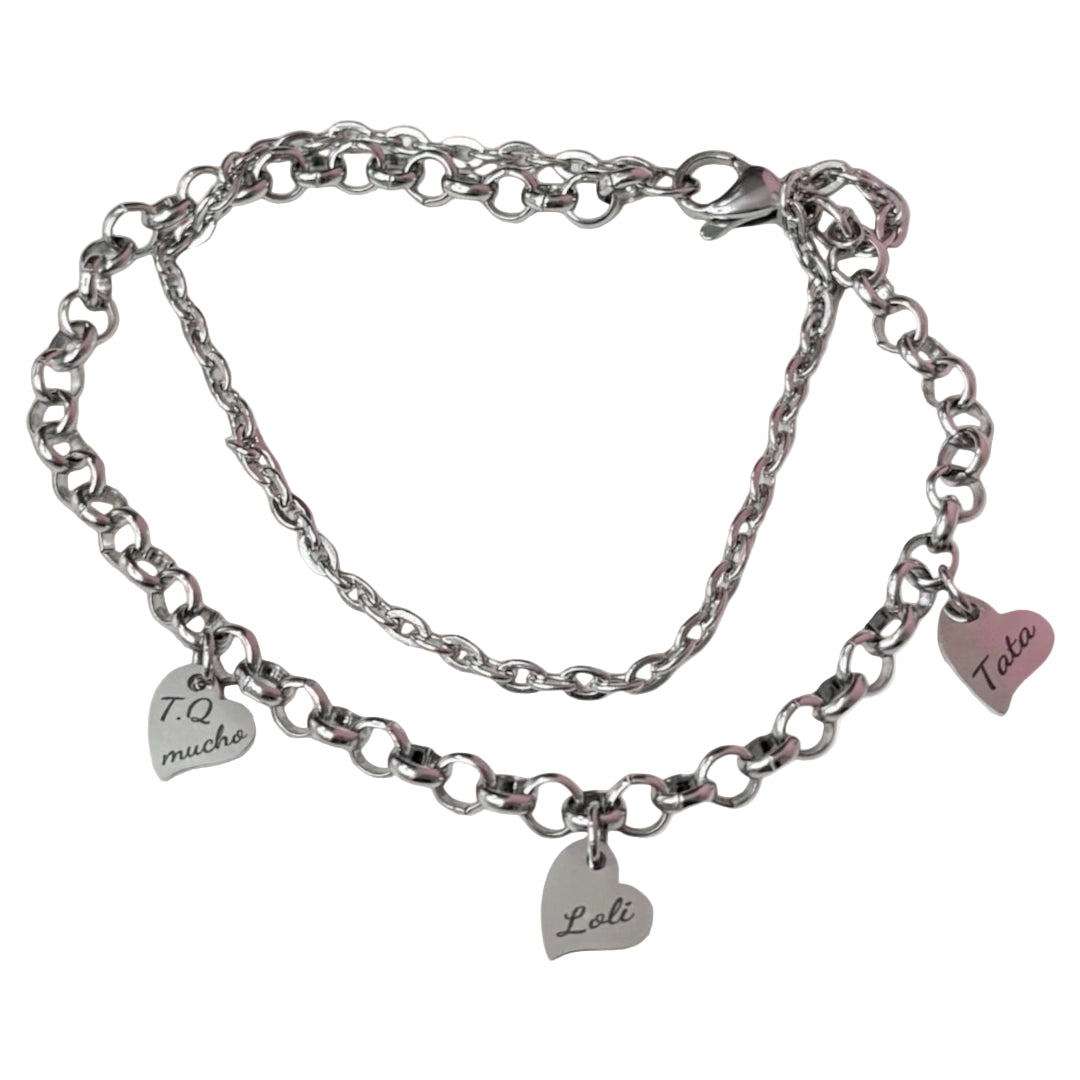 Pulsera Doble de Acero con Corazones Grabados – Personalizable