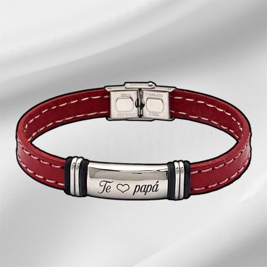 Pulsera Te ❤️ Papá en Cuero Rojo y Acero – Regalo Especial