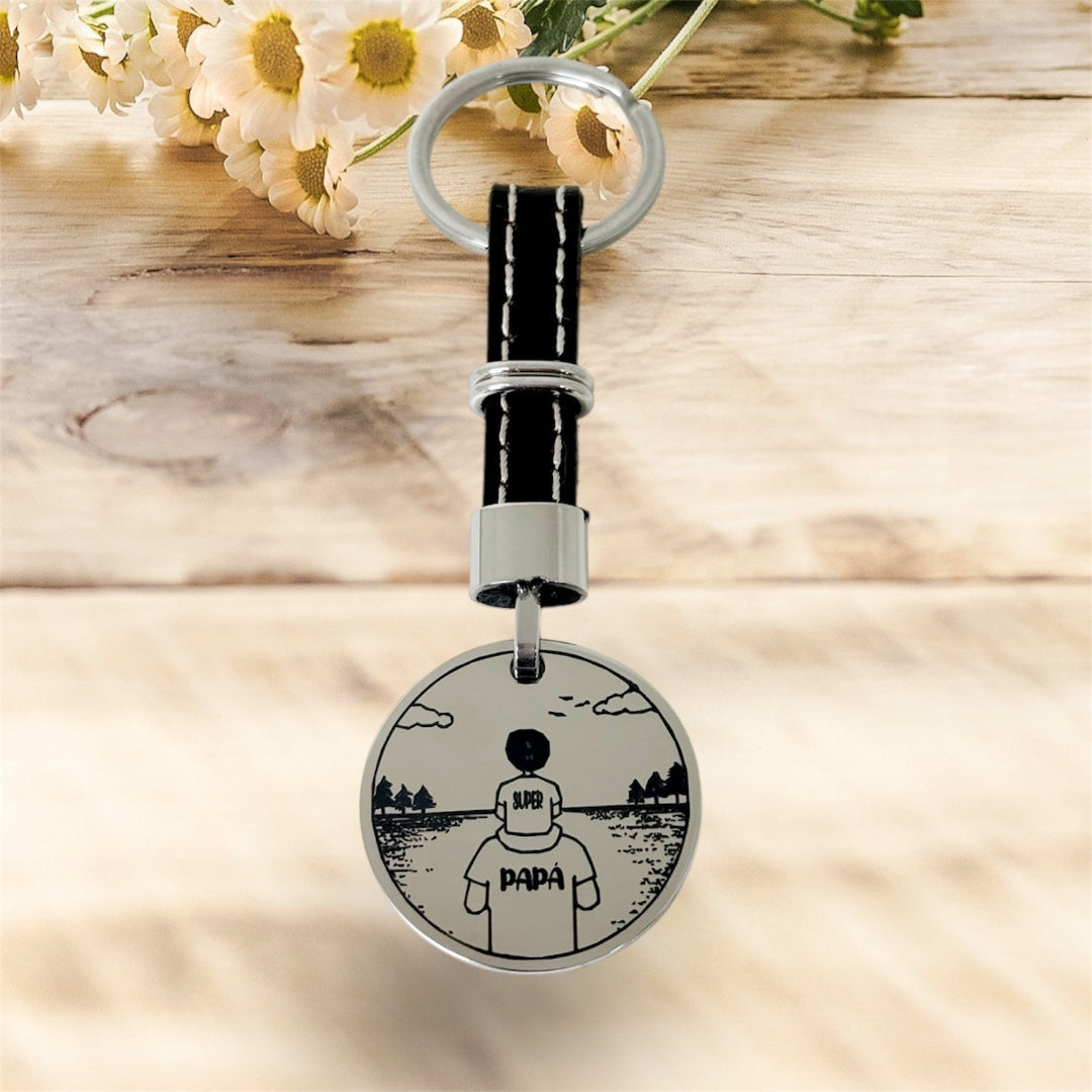 Llavero personalizado “Súper Papá” de acero y cuero