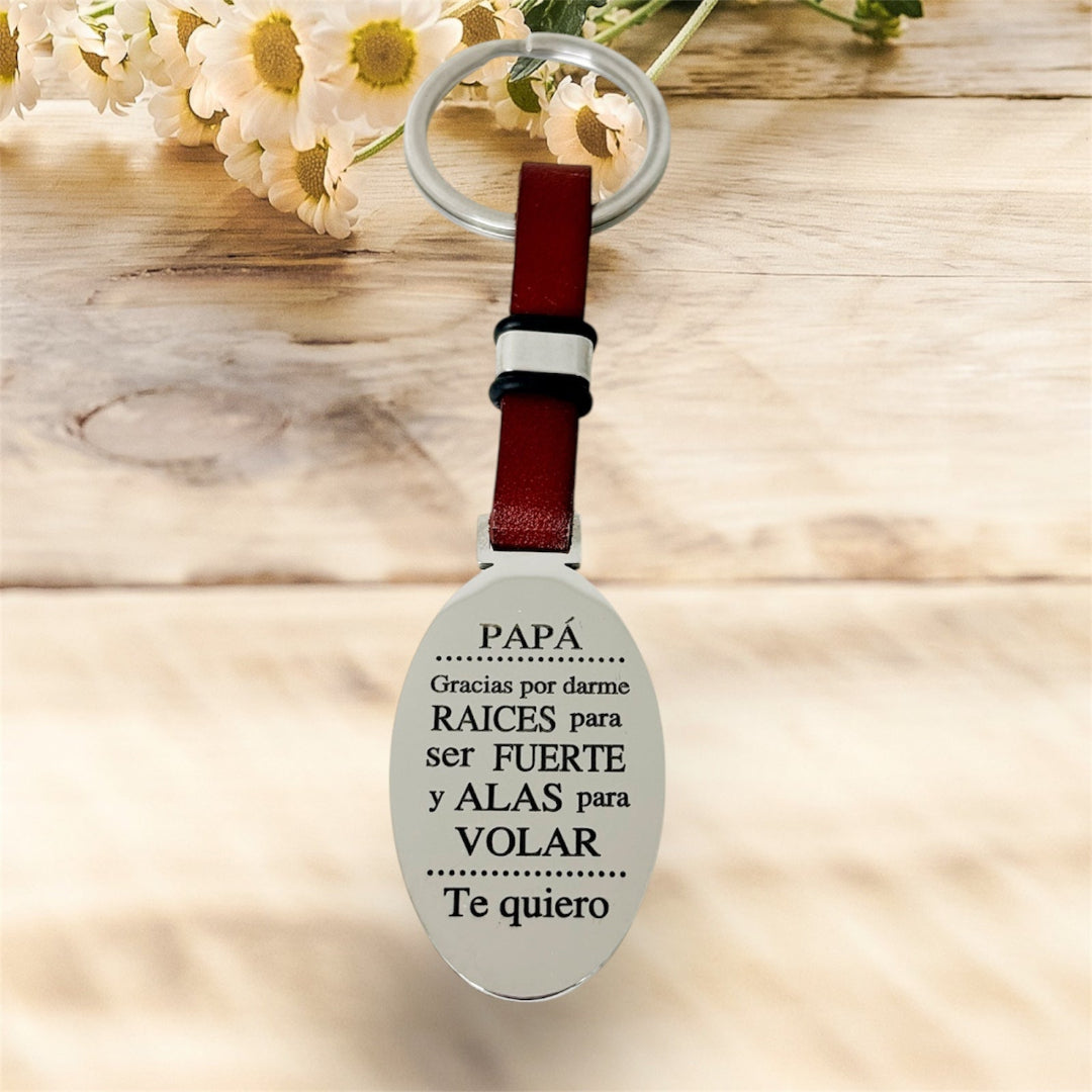 Llavero personalizado de acero y cuero "Gracias Papá" con grabado especial