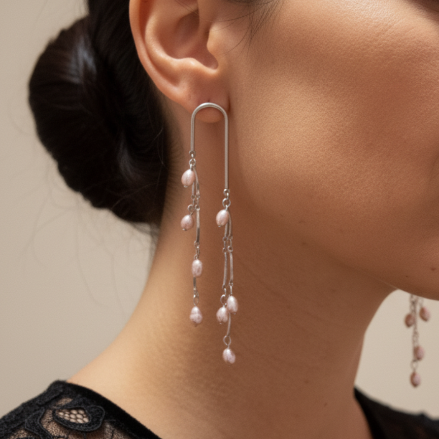 Pendientes largos de acero con perlas naturales en modelo – Sfinge Joyas