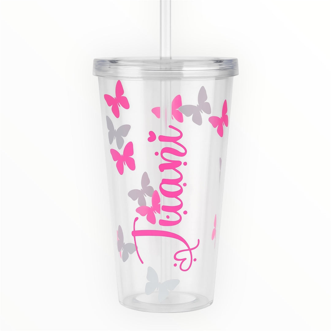 Vaso personalizado con mariposas rosas y nombre Juani en vinilo vertical