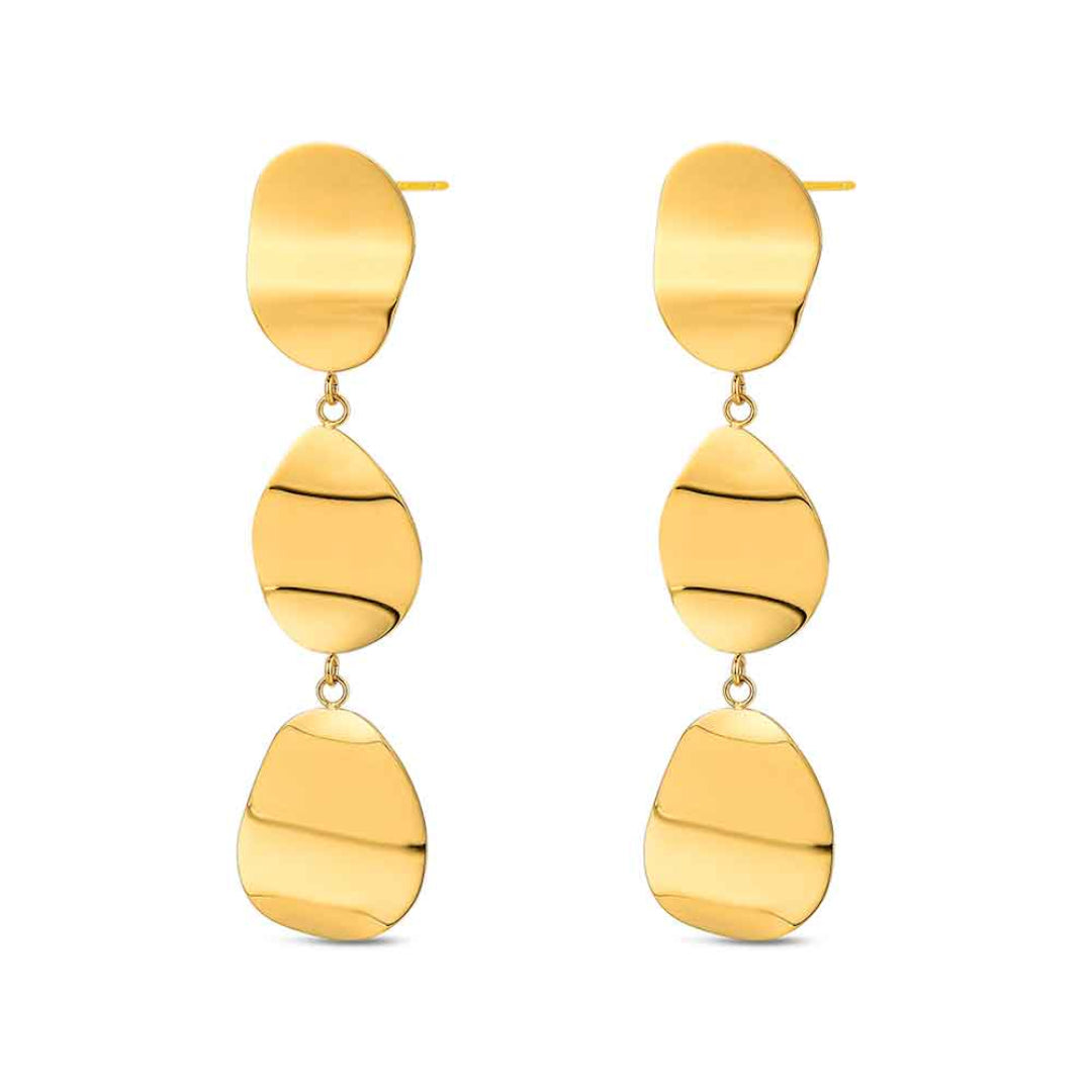 Pendientes largos dorados Rocío Martín con discos irregulares, en acero 316 chapado en oro 18K, waterproof y cierre presión.