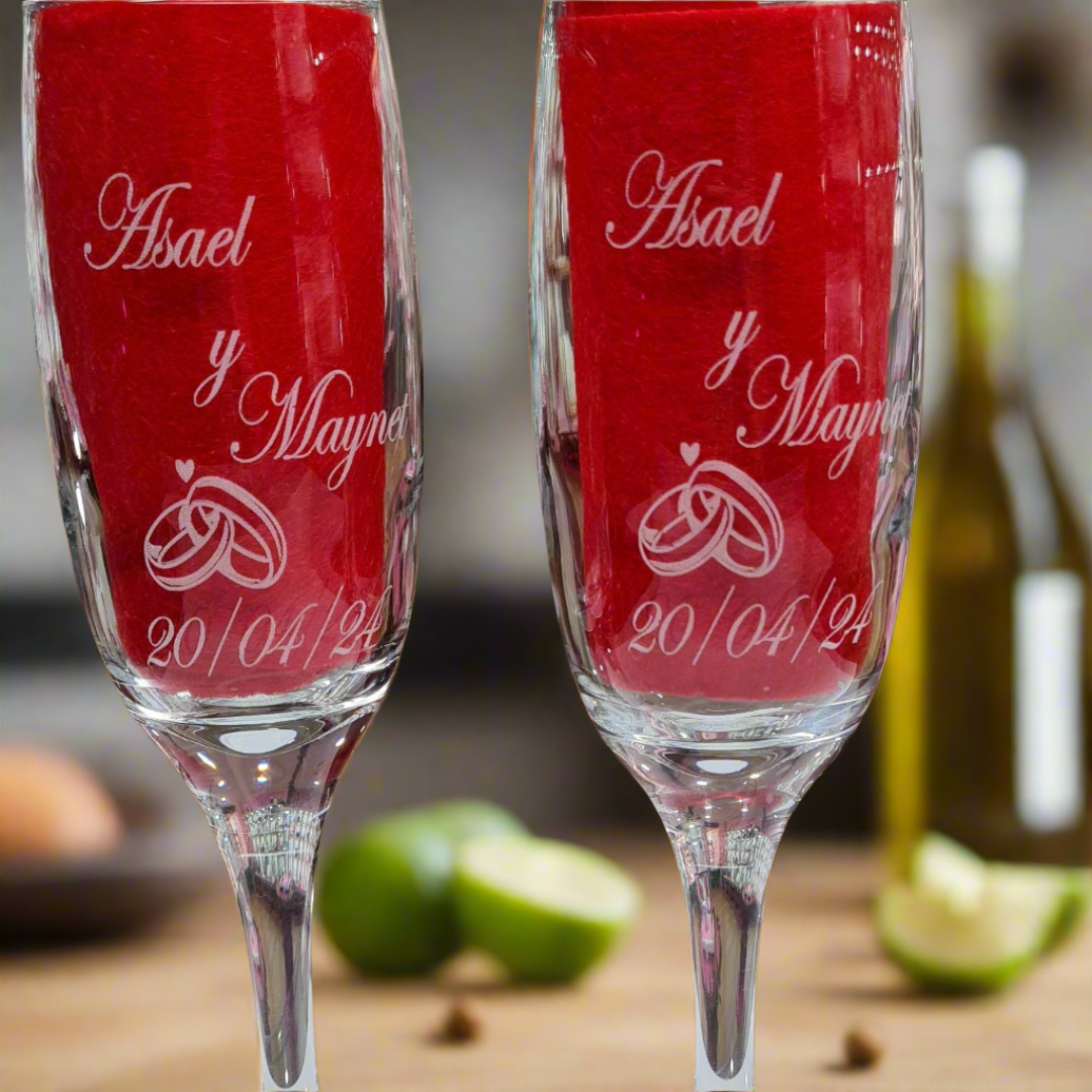 2 Copas de Champán Personalizadas | Grabado Láser con Nombres y Fechas