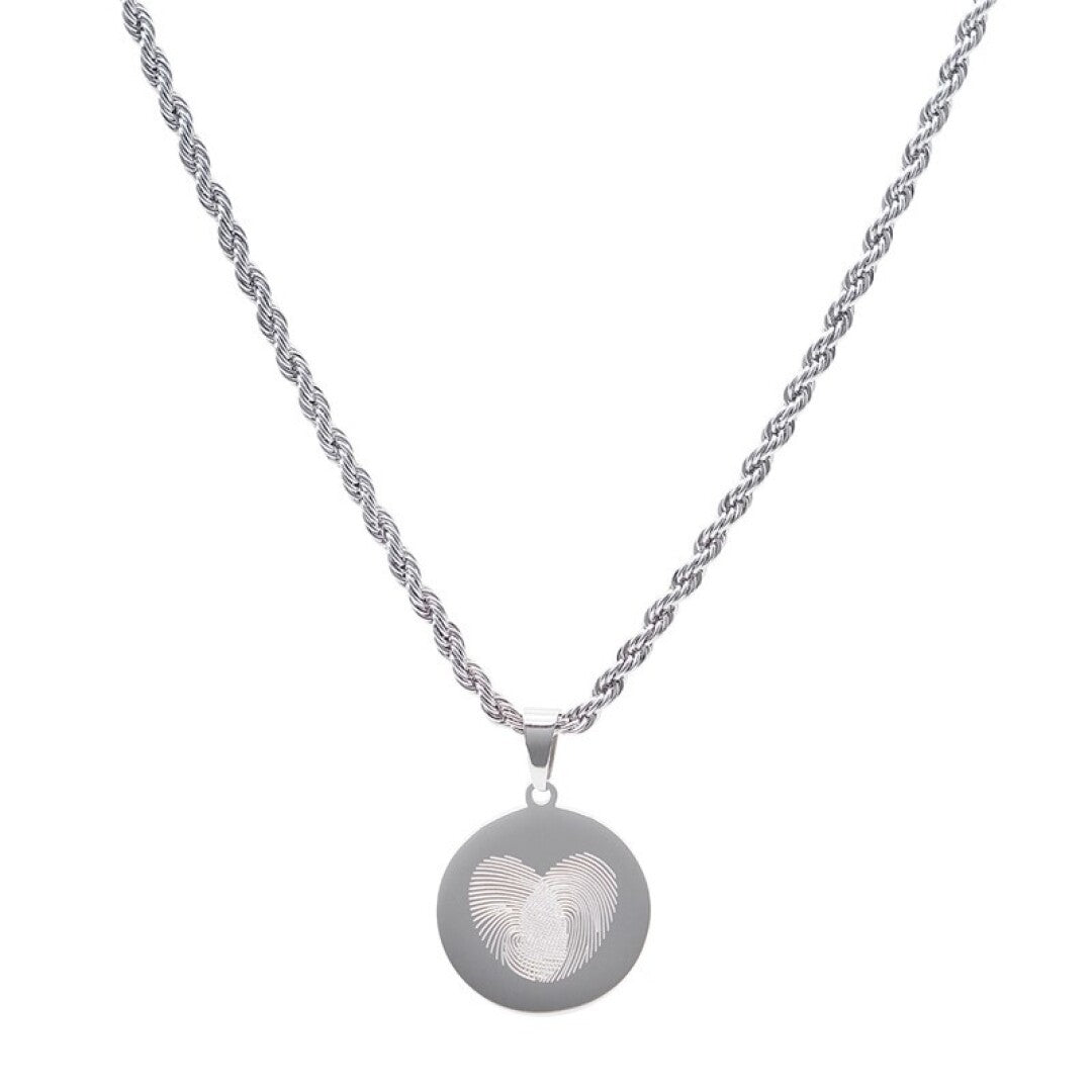 Collar interactivo E*Motion de acero redondo con huellas grabadas y chip NFC – joya masculina que guarda recuerdos