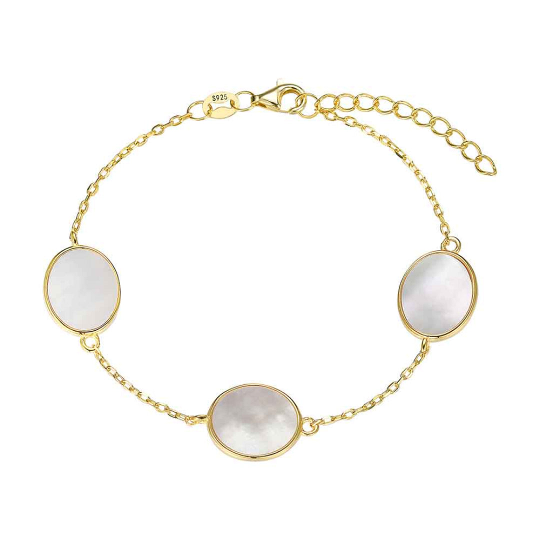 Pulsera de plata chapada en oro con tres piezas ovales de nácar – diseño elegante y luminoso – Sfinge Joyas