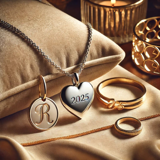Gargantilla personalizada con grabado en acero inoxidable sobre un fondo elegante. Joyería de tendencia para 2025, ideal para regalos únicos y especiales.