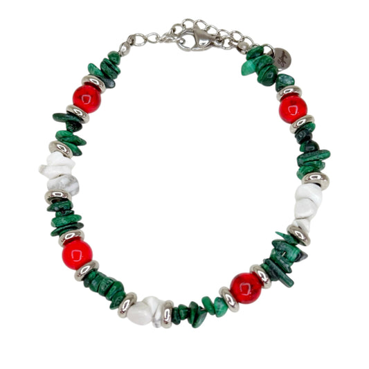 Pulsera Renacer de malaquita, howlita blanca y roja con detalles en acero – Sfinge Joyas