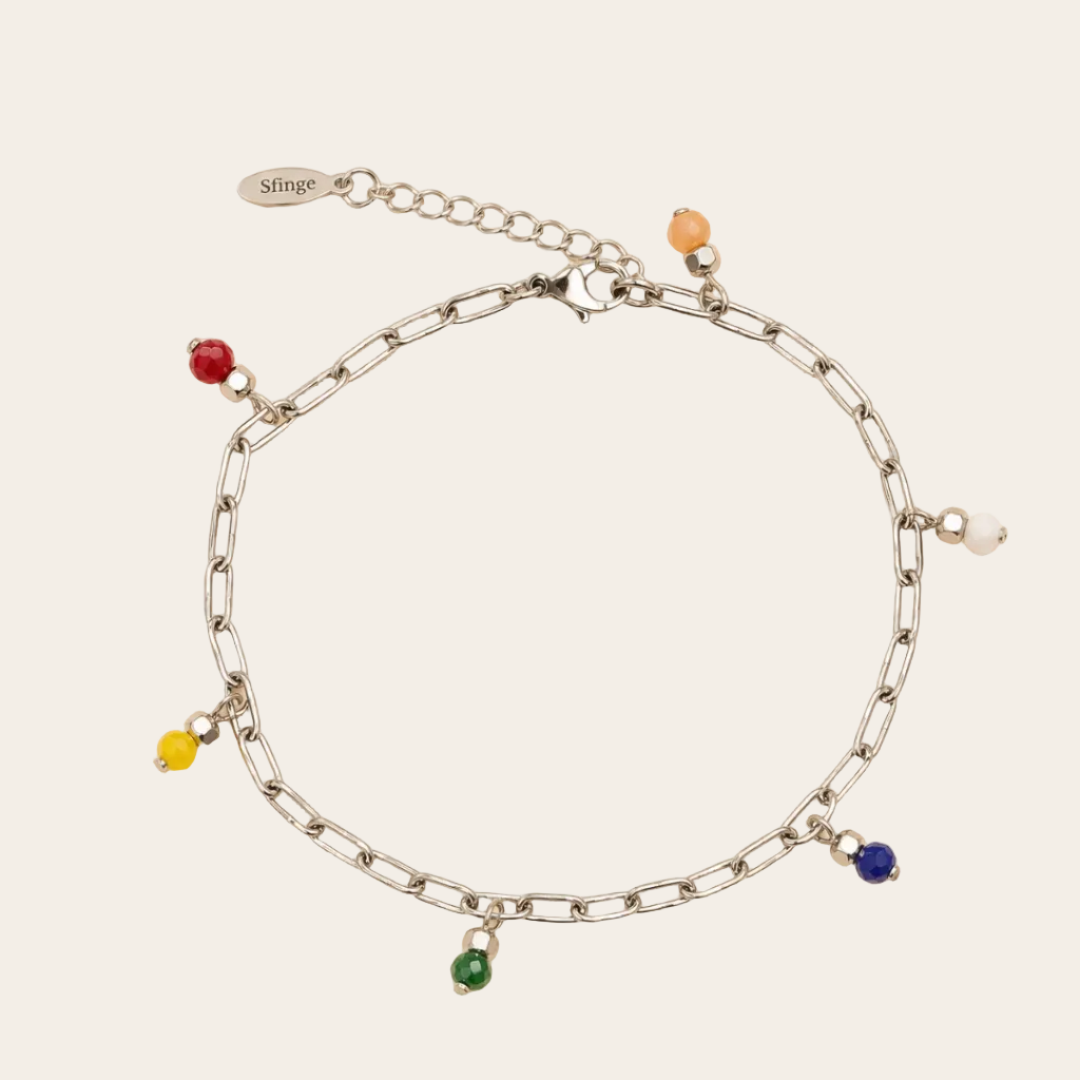 Tobillera multicolor con mini cristales checos colgantes en cadena fina de acero inoxidable plateado – Sfinge