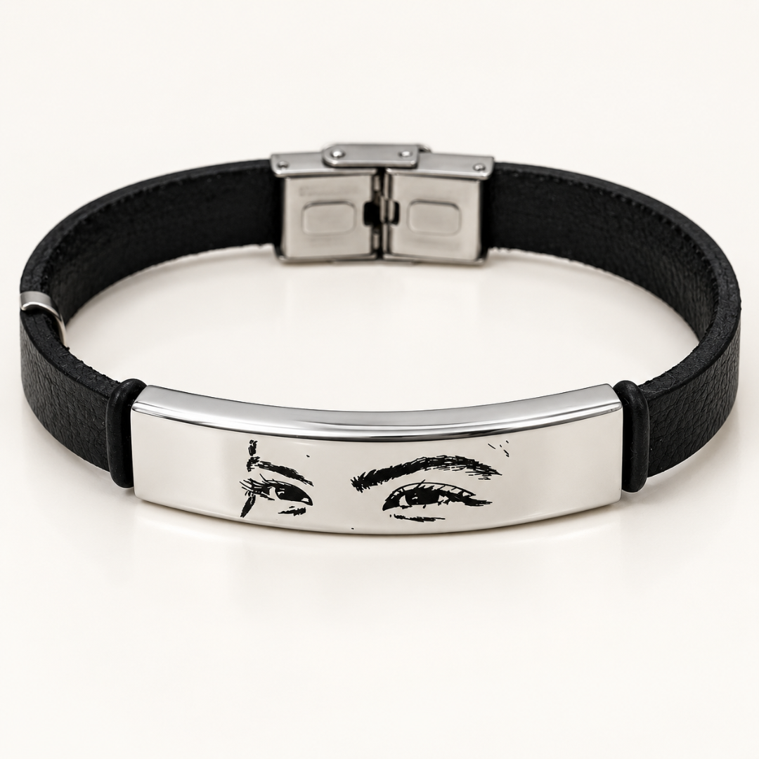 pulsera con ojos grabados en acero inoxidable