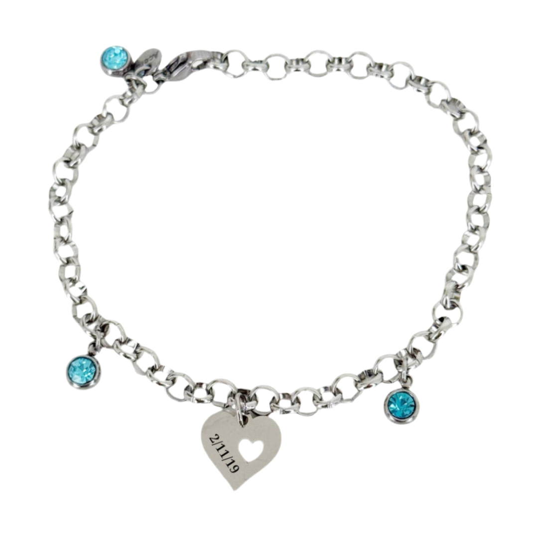 Pulsera personalizada en acero con corazón grabado y piedras azul turquesa