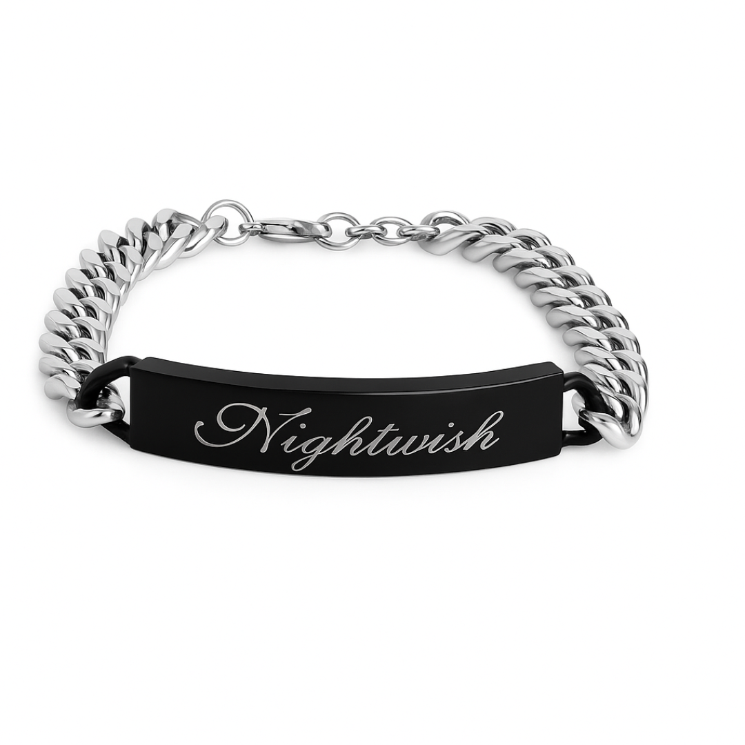 Pulsera personalizada de hombre en acero inoxidable con cadena robusta y placa negra grabada, diseño Sfinge.