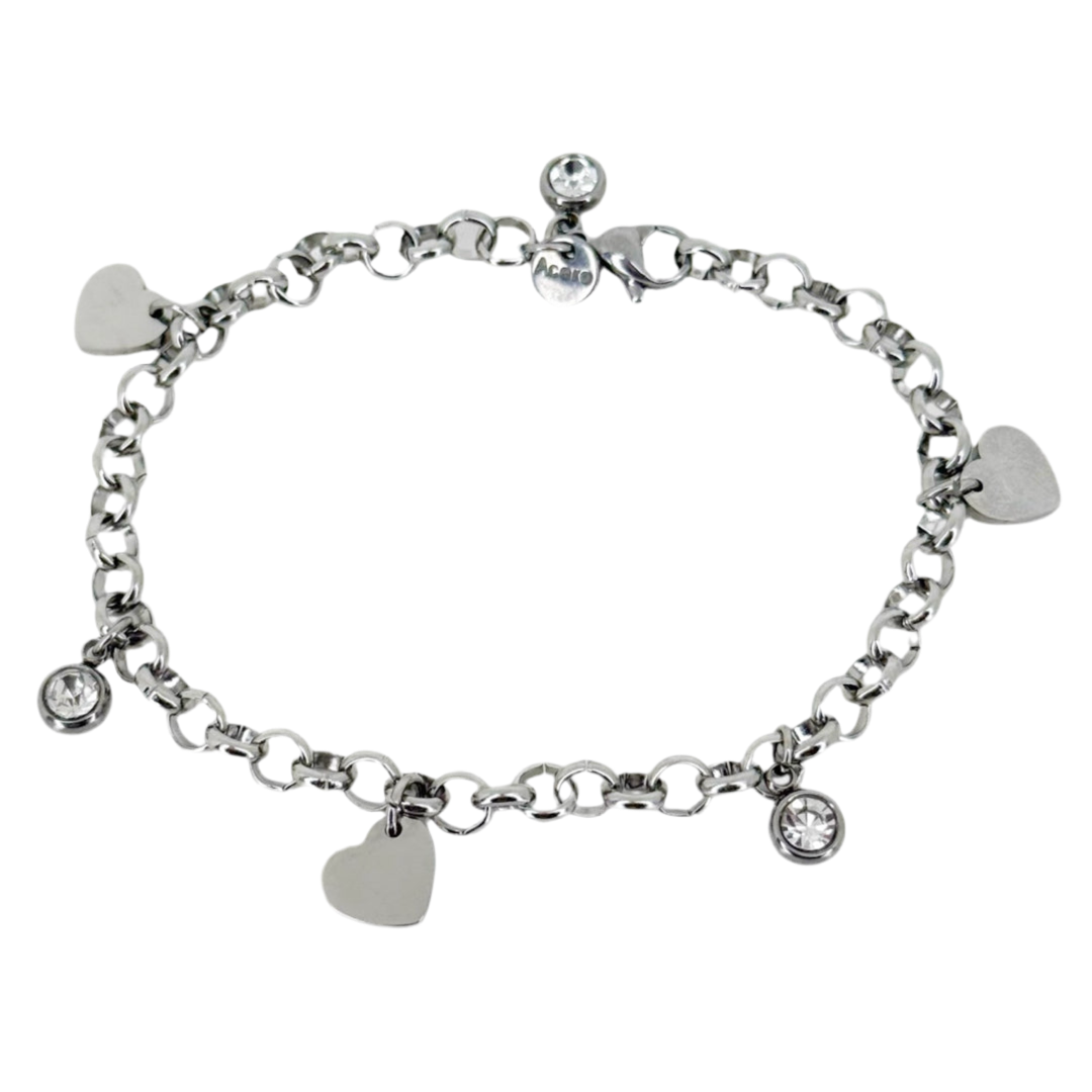 Pulsera de acero con dijes de corazones y circonitas – Personalizable