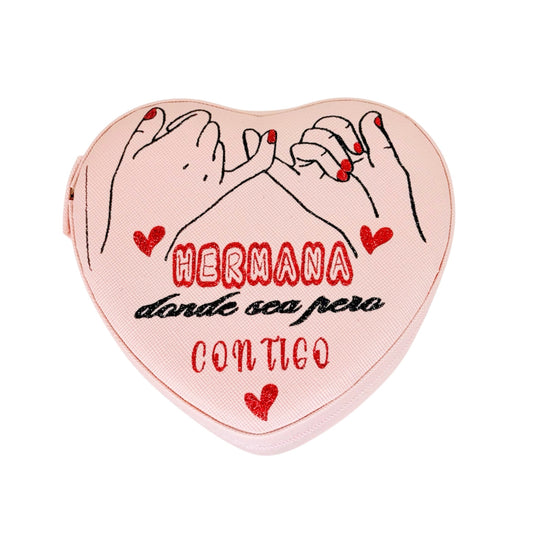 Joyero corazón rosa con frase Hermana donde sea pero contigo y manos entrelazadas