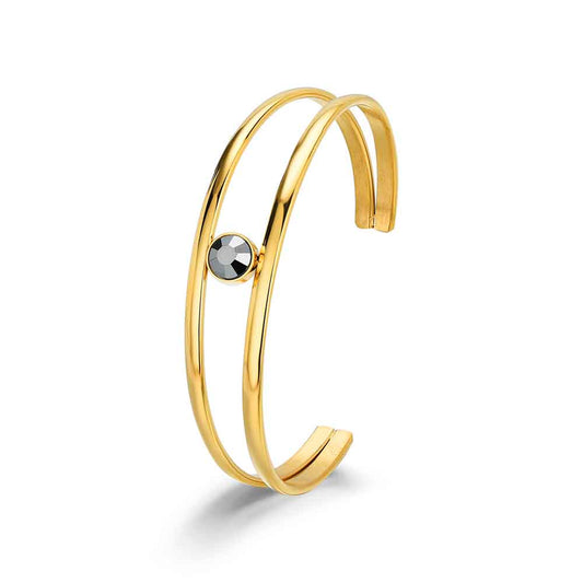 🔹 Brazalete Doble Aro con Cristal Hematite en Acero 316 Chapado en Oro 18K - 58x50 mm Waterproof | ROCÍO MARTÍN