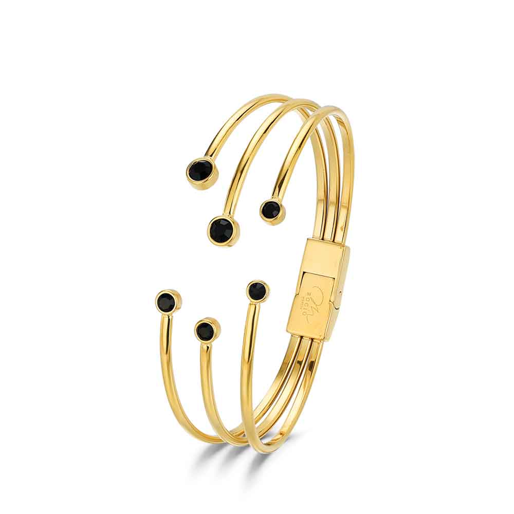 Brazalete de Acero 18K con Hilos y Cristales Negros - Sofisticación Atemporal