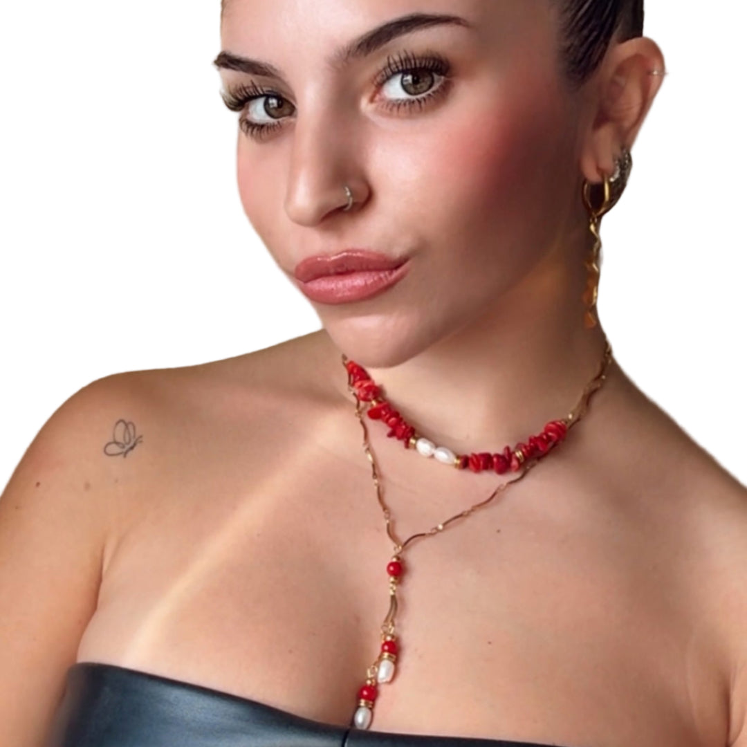 Gargantilla de Coral Natural y Perla de Agua Dulce