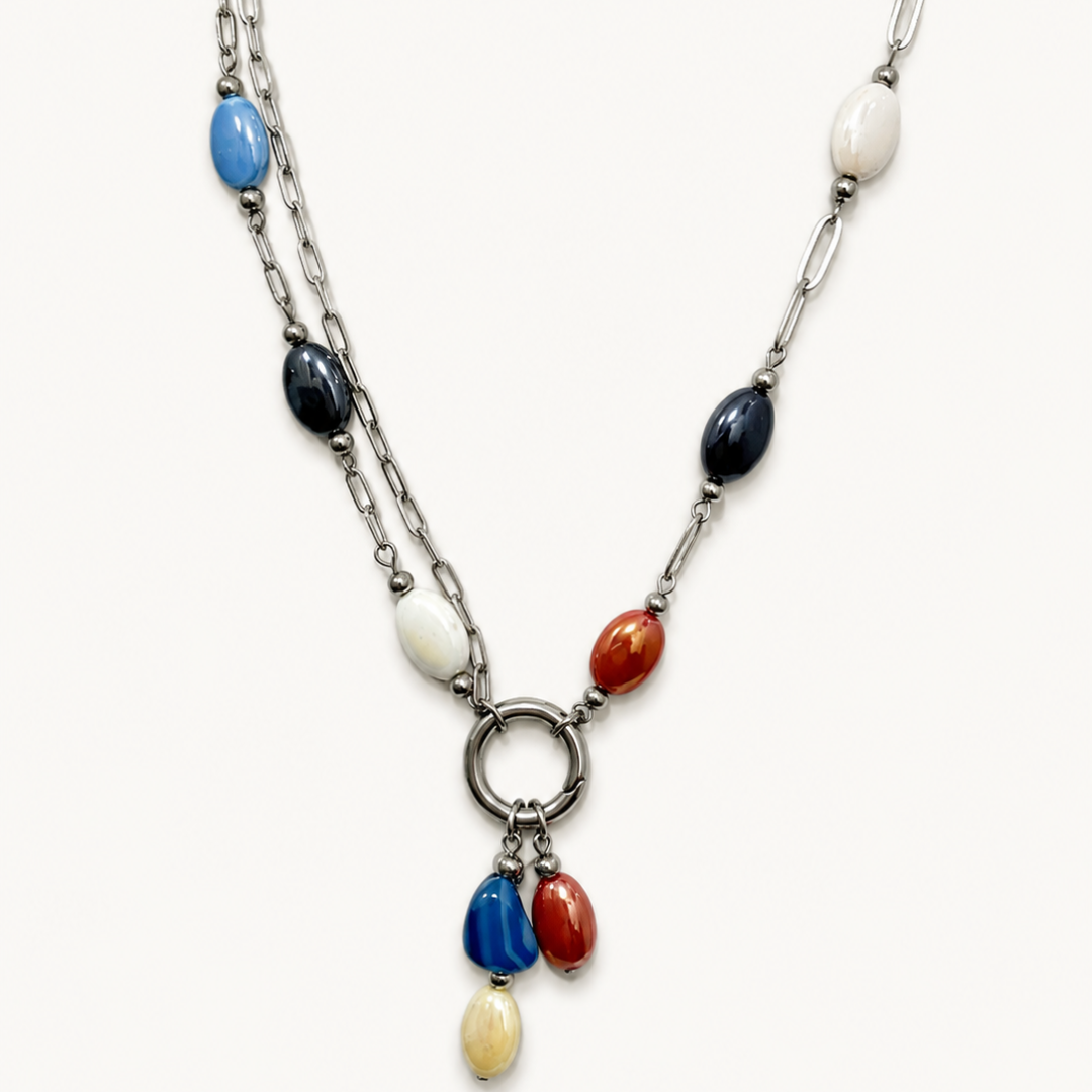Collar Mosaico Infinity de acero plateado y cerámica con tres charms