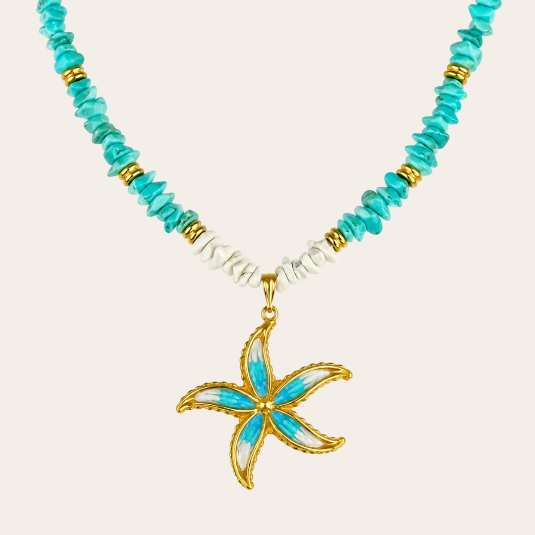 Gargantilla turquesa y howlita blanca con colgante estrella de mar dorada Sfinge Joyas