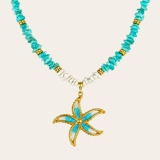 Gargantilla turquesa y howlita blanca con colgante estrella de mar dorada Sfinge Joyas