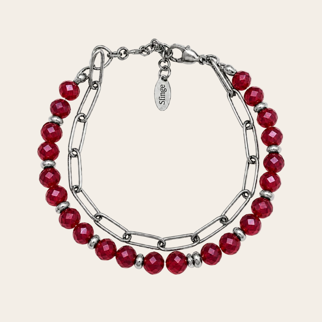 Pulsera de cristal checo rojo facetado con cadena de acero inoxidable Sfinge