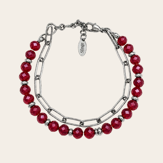 Pulsera de cristal checo rojo facetado con cadena de acero inoxidable Sfinge