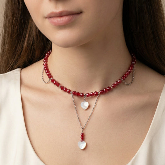 Gargantilla Doble Corazón Rubí