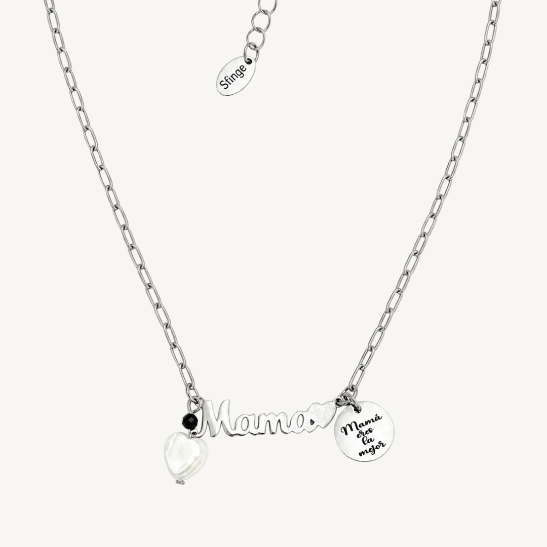 Gargantilla mamá personalizable con corazón de nácar en acero inoxidable