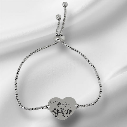 Pulsera personalizada en forma de corazón con grabado de nombre en acero inoxidable