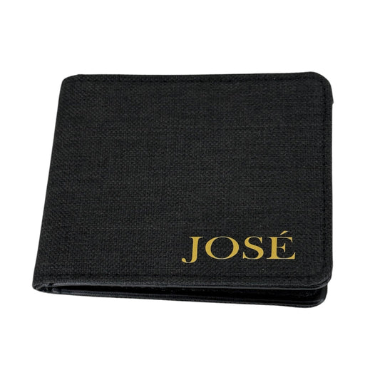 Cartera negra personalizada con el nombre José en letras doradas