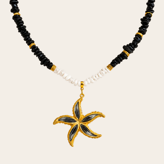 Gargantilla de ágata negra y howlita blanca con colgante estrella de mar dorada Sfinge Joyas