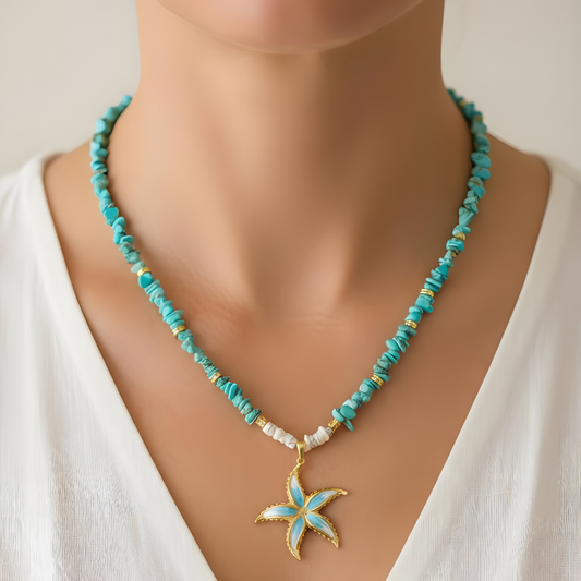 gargantilla de piedra natural turquesa con estrella de acero