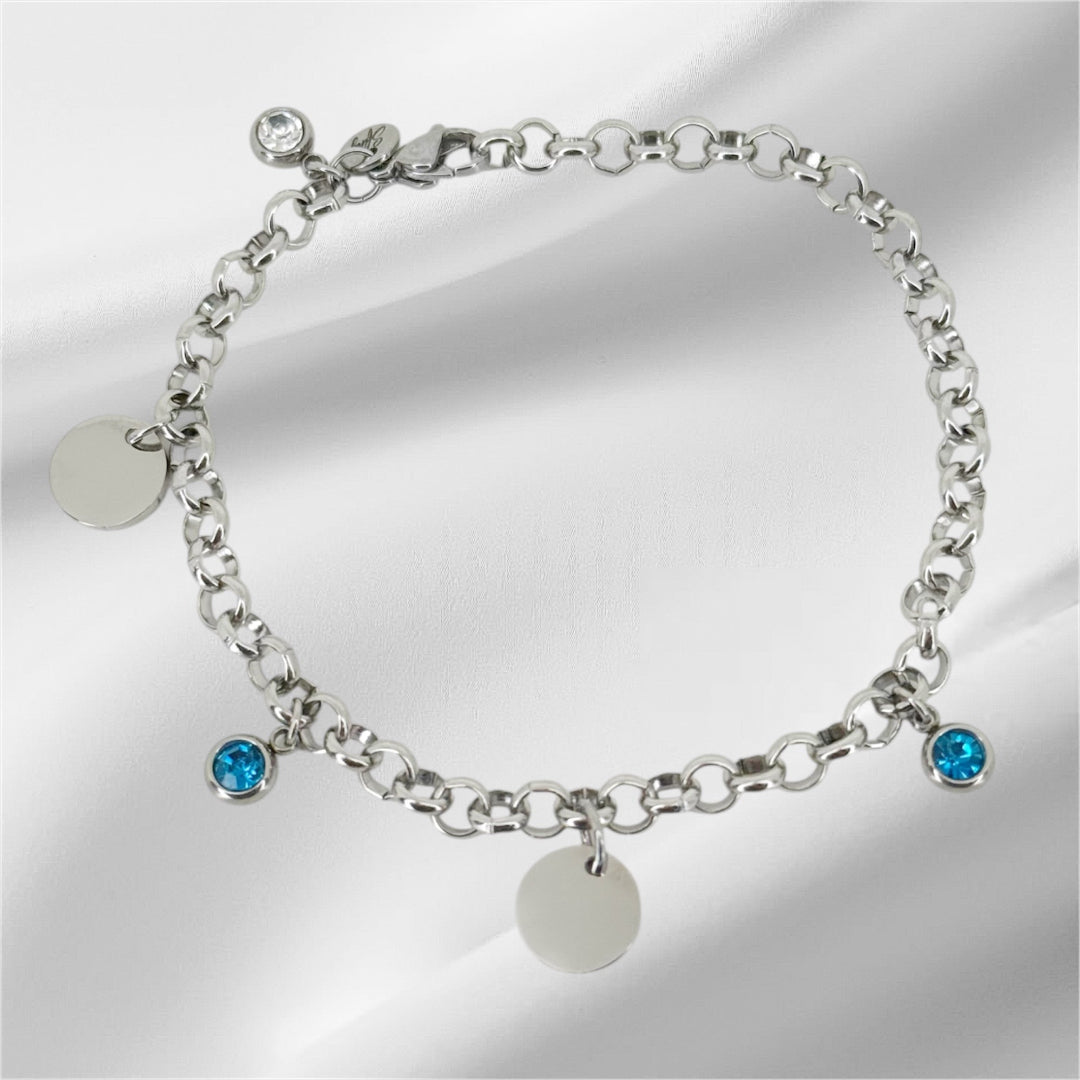 Pulsera personalizada de acero con grabado de nombre en placa redonda – Sfinge Joyas