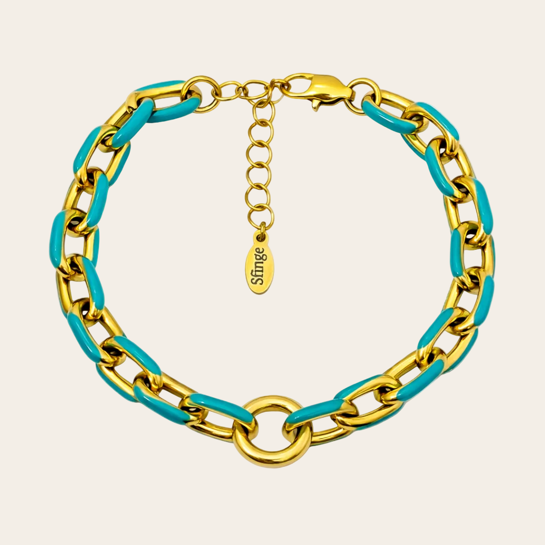 pulsera en acero inoxidable dorado con esmalte verde agua