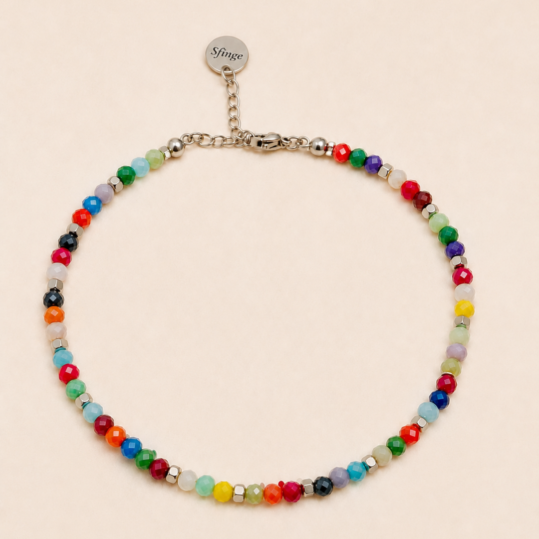 Tobillera Multicolor de Cristal Checo Acero